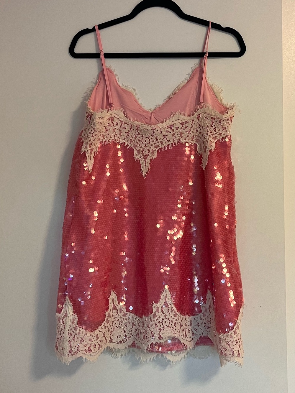 Sequin Slip Mini Dress with Cream Lace Trim in Pink - Picture 5 of 7